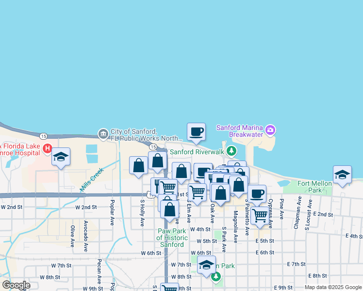 map of restaurants, bars, coffee shops, grocery stores, and more near 401 West Seminole Boulevard in Sanford