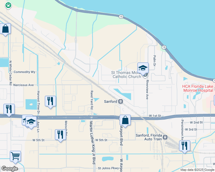 map of restaurants, bars, coffee shops, grocery stores, and more near 2687 River Landing Drive in Sanford