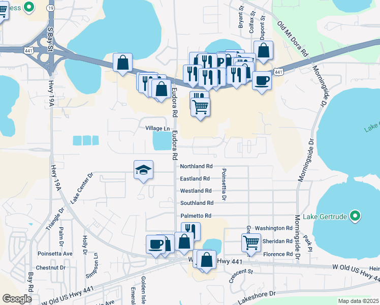 map of restaurants, bars, coffee shops, grocery stores, and more near 2811 Northland Road in Mount Dora