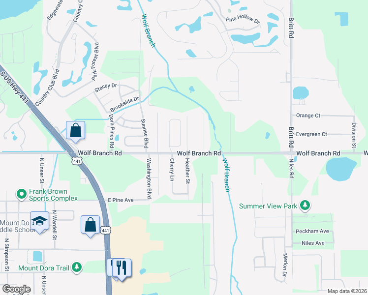 map of restaurants, bars, coffee shops, grocery stores, and more near 2070 Cherry Lane in Mount Dora