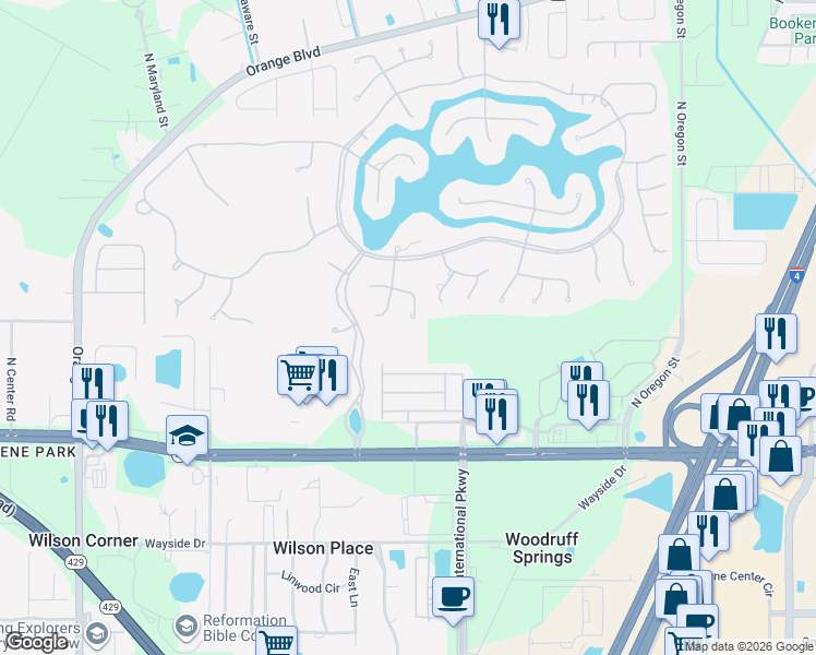 map of restaurants, bars, coffee shops, grocery stores, and more near 5313 Lake Bluff Terrace in Sanford