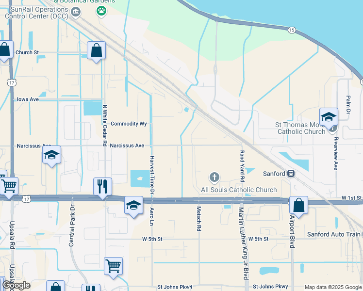 map of restaurants, bars, coffee shops, grocery stores, and more near 3292 Narcissus Avenue in Sanford