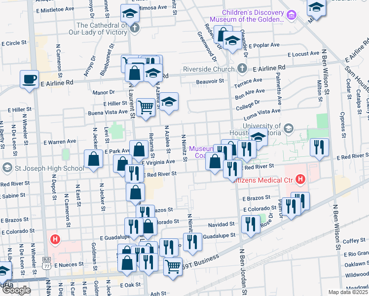 map of restaurants, bars, coffee shops, grocery stores, and more near North Nimitz Street in Victoria