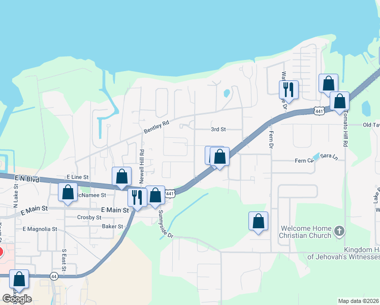 map of restaurants, bars, coffee shops, grocery stores, and more near 112 North Lake Avenue in Leesburg