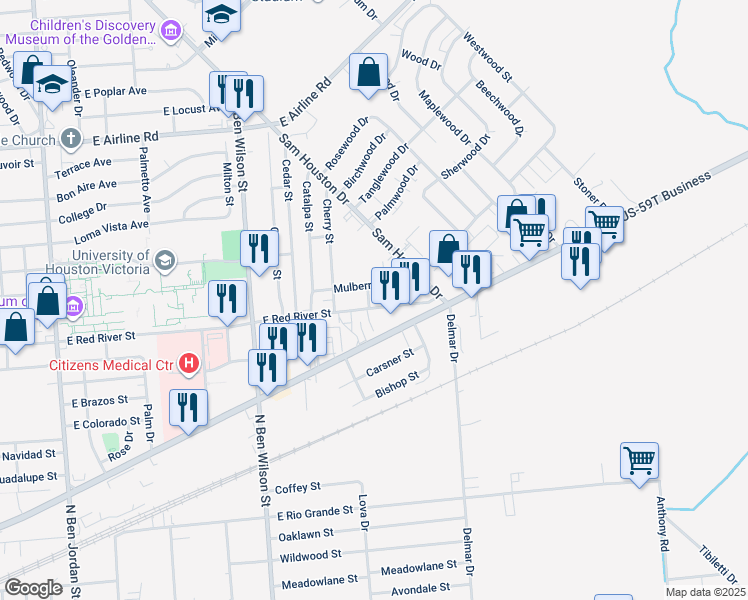 map of restaurants, bars, coffee shops, grocery stores, and more near 3402 Houston Highway in Victoria