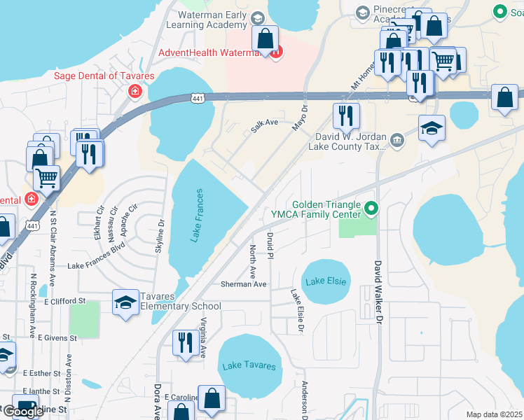 map of restaurants, bars, coffee shops, grocery stores, and more near 1409 Crystal Court in Tavares