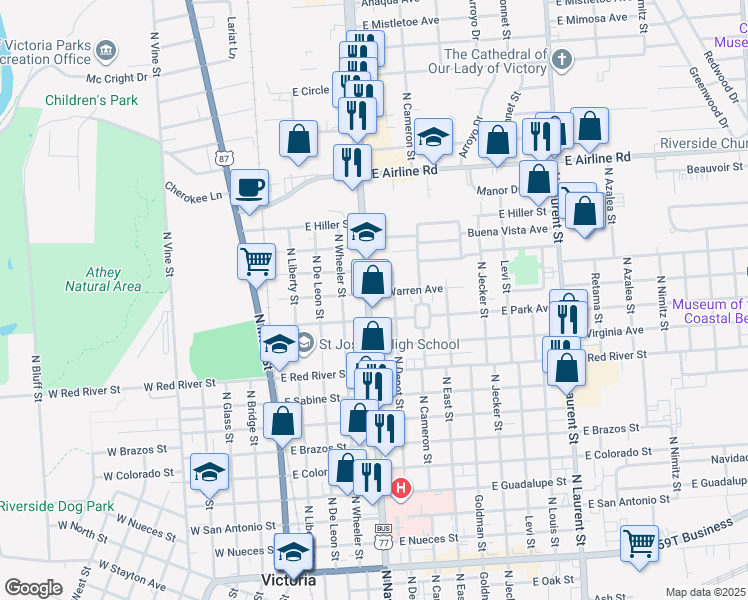 map of restaurants, bars, coffee shops, grocery stores, and more near 2213 North Navarro Street in Victoria