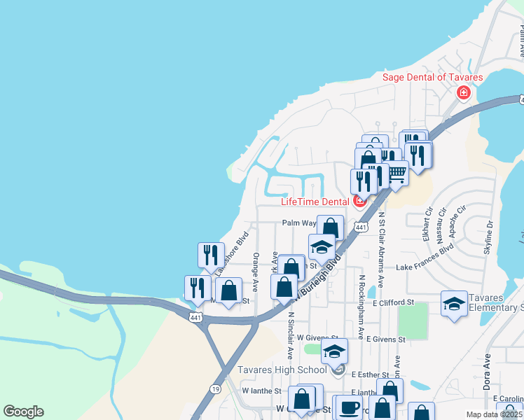 map of restaurants, bars, coffee shops, grocery stores, and more near 1500 Orange Avenue in Tavares