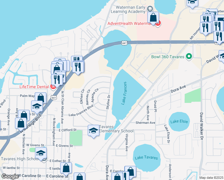map of restaurants, bars, coffee shops, grocery stores, and more near 1580 Skyline Drive in Tavares