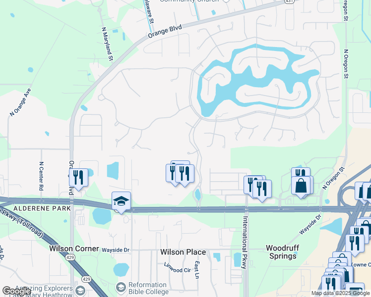 map of restaurants, bars, coffee shops, grocery stores, and more near 5397 Lake Bluff Terrace in Sanford