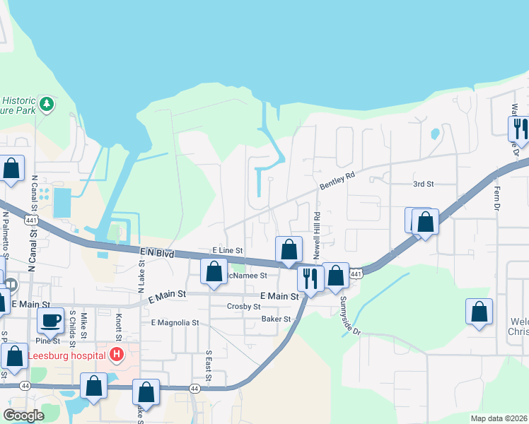 map of restaurants, bars, coffee shops, grocery stores, and more near 1176 Bentley Road in Leesburg