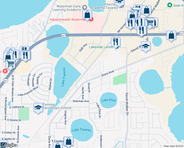 map of restaurants, bars, coffee shops, grocery stores, and more near 1991 Golden Palm Circle in Tavares