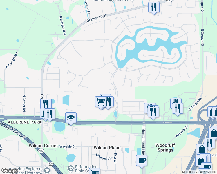 map of restaurants, bars, coffee shops, grocery stores, and more near 5397 Lake Bluff Terrace in Sanford