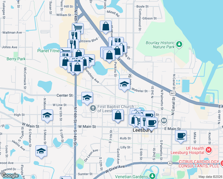 map of restaurants, bars, coffee shops, grocery stores, and more near 1118 Sunshine Avenue in Leesburg