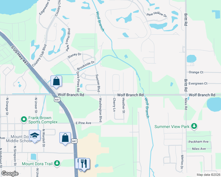 map of restaurants, bars, coffee shops, grocery stores, and more near 2240 Croat Street in Mount Dora