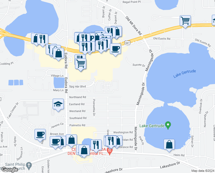 map of restaurants, bars, coffee shops, grocery stores, and more near 2500 Spring Harbor Circle in Mount Dora
