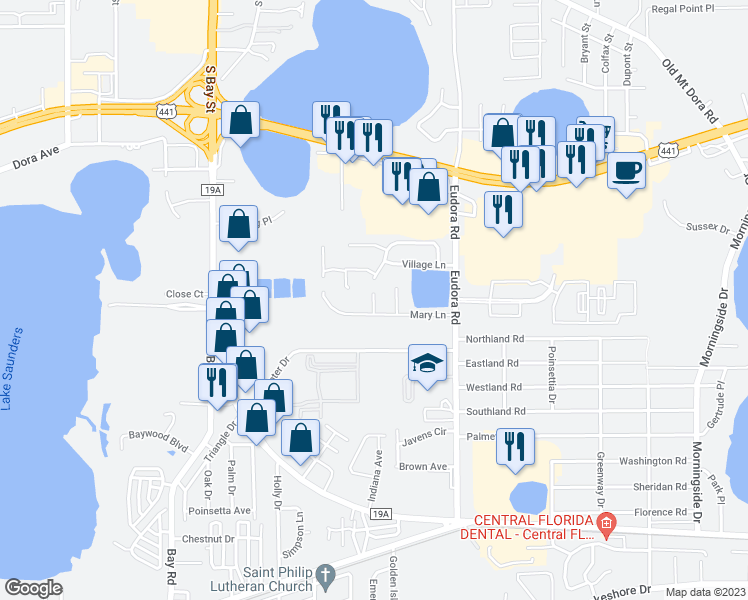 map of restaurants, bars, coffee shops, grocery stores, and more near 2105 David Court in Mount Dora