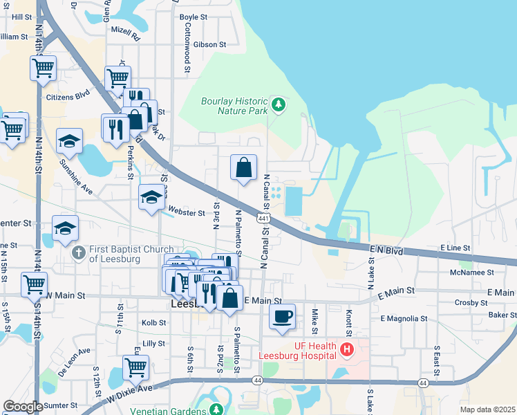 map of restaurants, bars, coffee shops, grocery stores, and more near 120 North Boulevard West in Leesburg