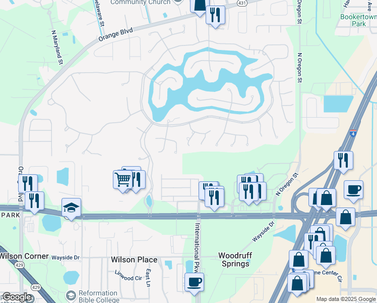 map of restaurants, bars, coffee shops, grocery stores, and more near 5330 Lake Bluff Terrace in Sanford