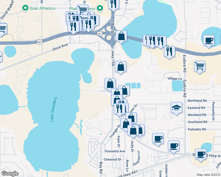 map of restaurants, bars, coffee shops, grocery stores, and more near 4385 County Road 19A in Mount Dora
