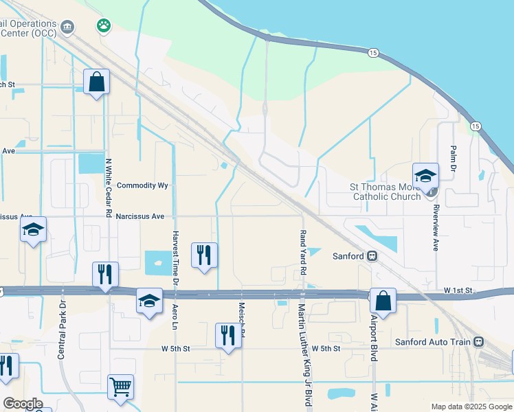 map of restaurants, bars, coffee shops, grocery stores, and more near 3292-3294 Narcissus Avenue in Sanford