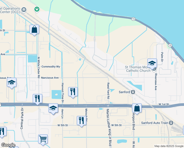 map of restaurants, bars, coffee shops, grocery stores, and more near 3292-3294 Narcissus Avenue in Sanford