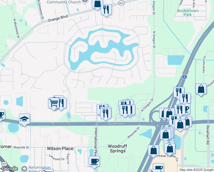 map of restaurants, bars, coffee shops, grocery stores, and more near 429 Fawn Hill Place in Sanford