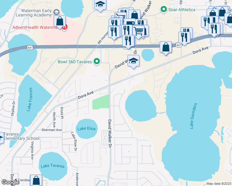 map of restaurants, bars, coffee shops, grocery stores, and more near 1408 Longville Circle in Tavares