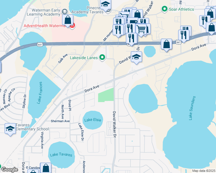 map of restaurants, bars, coffee shops, grocery stores, and more near 1575 David Walker Drive in Tavares