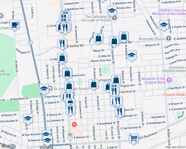 map of restaurants, bars, coffee shops, grocery stores, and more near 808 East Warren Avenue in Victoria