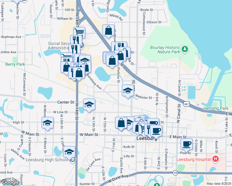 map of restaurants, bars, coffee shops, grocery stores, and more near 1103 Webster Street in Leesburg