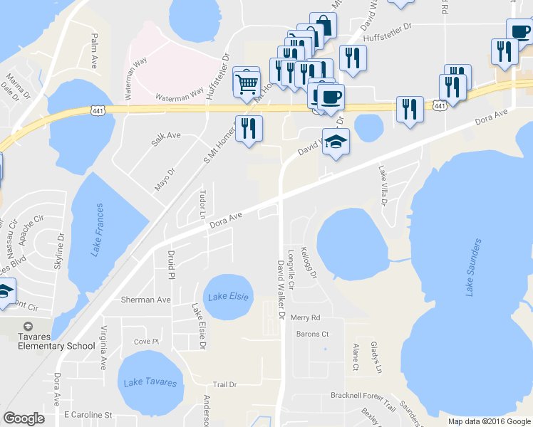 map of restaurants, bars, coffee shops, grocery stores, and more near 1575 David Walker Drive in Tavares