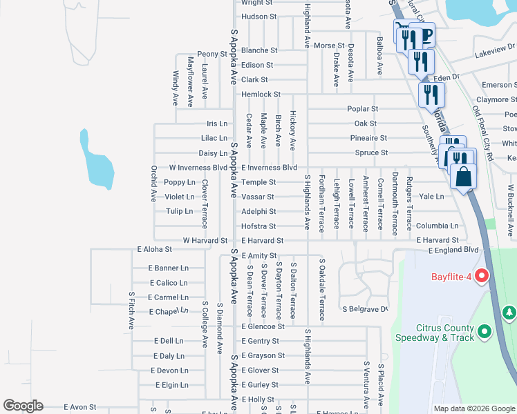 map of restaurants, bars, coffee shops, grocery stores, and more near 119 Vassar Street in Inverness