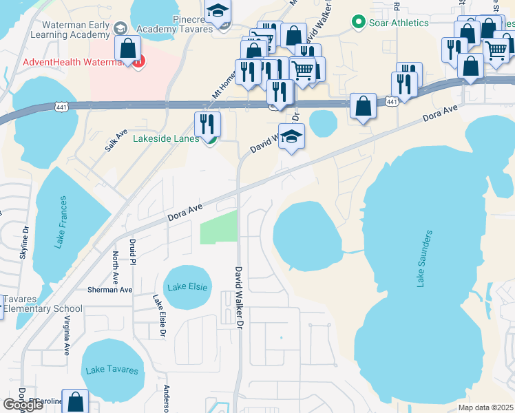 map of restaurants, bars, coffee shops, grocery stores, and more near 1416 Longville Circle in Tavares