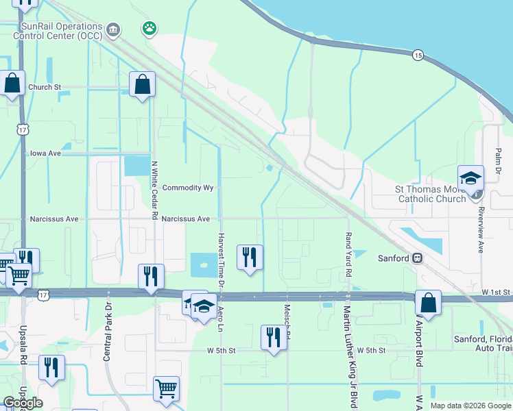 map of restaurants, bars, coffee shops, grocery stores, and more near 3298 Narcissus Avenue in Sanford