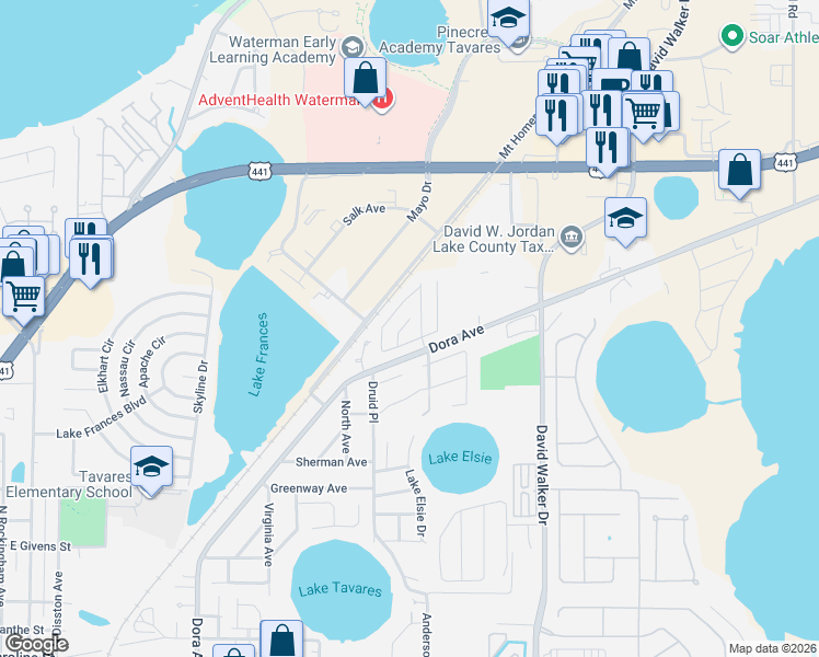 map of restaurants, bars, coffee shops, grocery stores, and more near 1563 Grove Court in Tavares