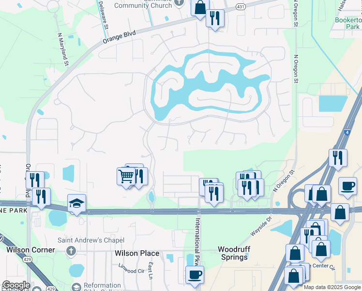 map of restaurants, bars, coffee shops, grocery stores, and more near 5330 Lake Bluff Terrace in Sanford