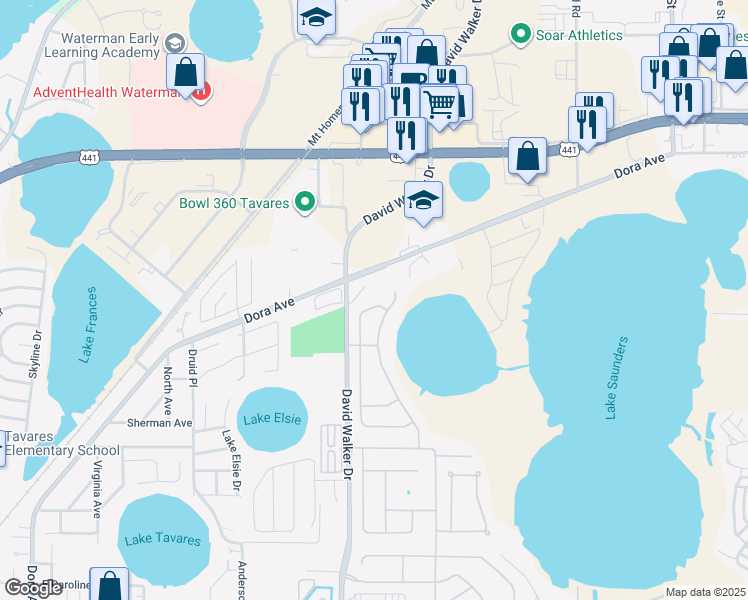 map of restaurants, bars, coffee shops, grocery stores, and more near 1408 Longville Circle in Tavares