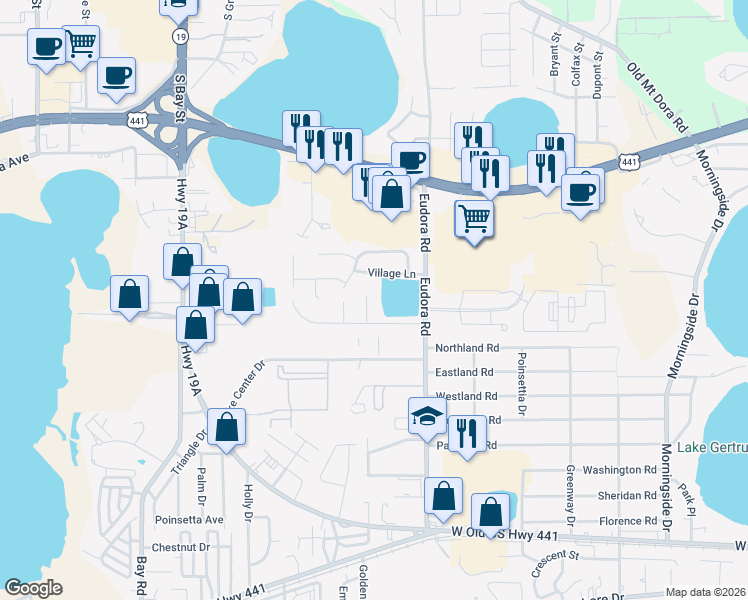 map of restaurants, bars, coffee shops, grocery stores, and more near 2108 Ken Court in Mount Dora