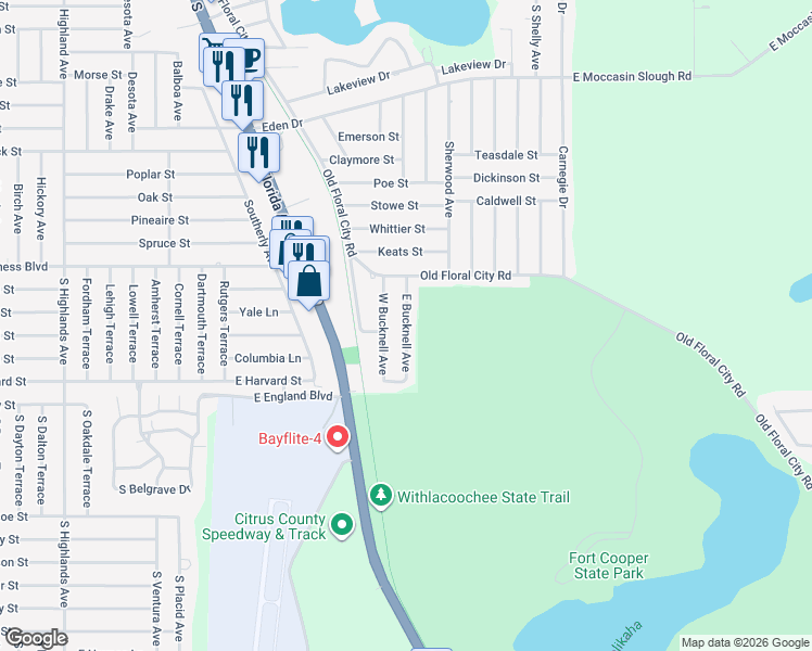 map of restaurants, bars, coffee shops, grocery stores, and more near 1119 East Bucknell Avenue in Inverness