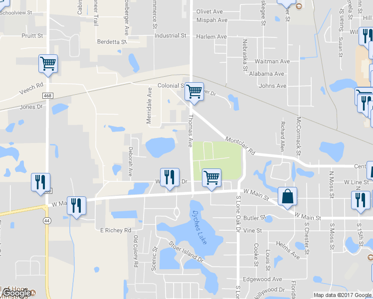 map of restaurants, bars, coffee shops, grocery stores, and more near 501 Thomas Avenue in Leesburg