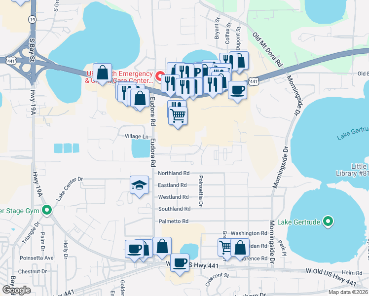 map of restaurants, bars, coffee shops, grocery stores, and more near Spring Harbor Boulevard in Mount Dora