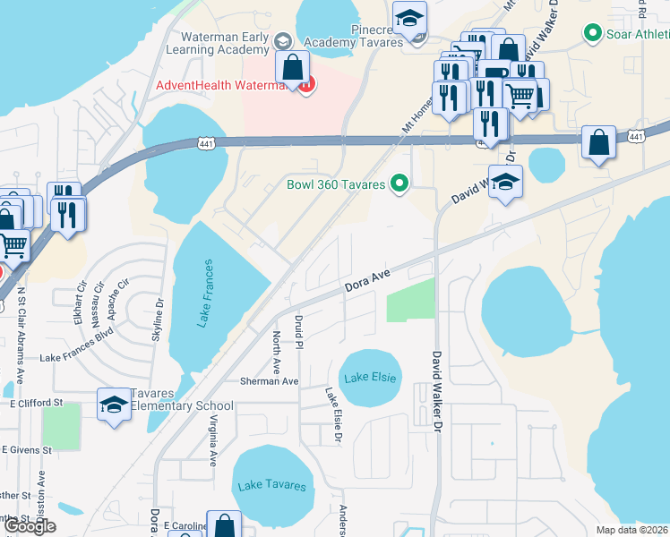map of restaurants, bars, coffee shops, grocery stores, and more near 1605 Tudor Lane in Tavares