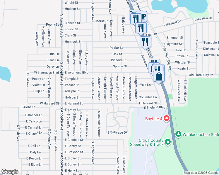 map of restaurants, bars, coffee shops, grocery stores, and more near 1135 Lowell Terrace in Inverness