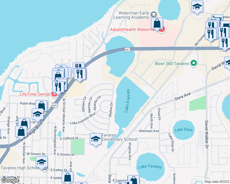 map of restaurants, bars, coffee shops, grocery stores, and more near 1580 Skyline Drive in Tavares