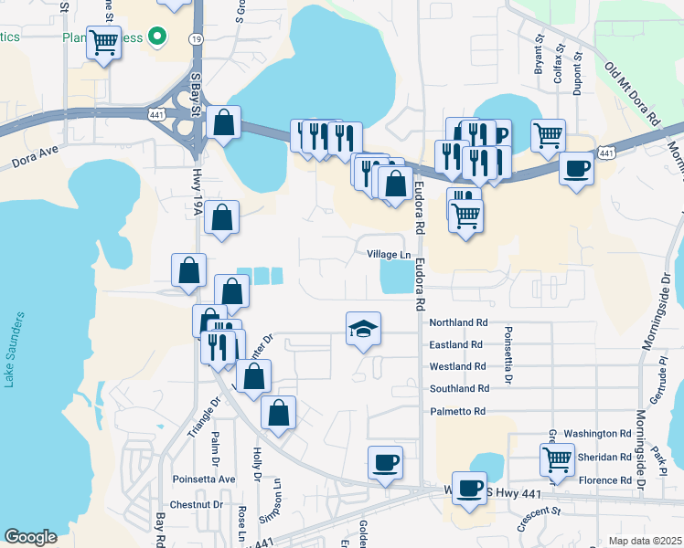 map of restaurants, bars, coffee shops, grocery stores, and more near 2109 David Court in Mount Dora