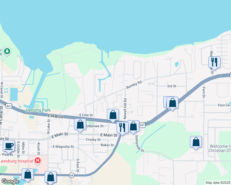 map of restaurants, bars, coffee shops, grocery stores, and more near Bentley Road in Leesburg
