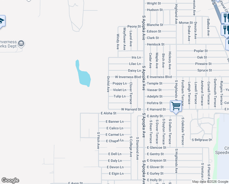 map of restaurants, bars, coffee shops, grocery stores, and more near 415 Violet Lane in Inverness