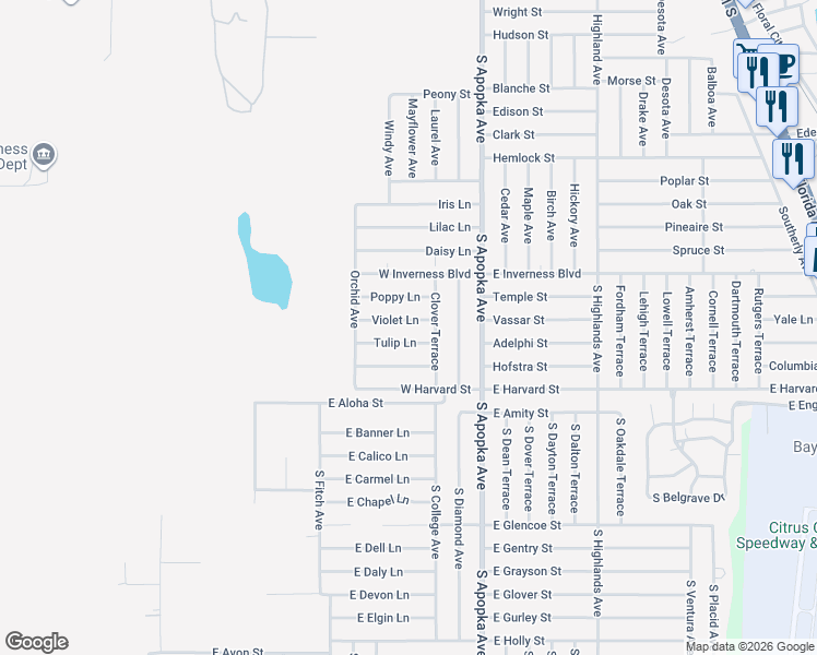 map of restaurants, bars, coffee shops, grocery stores, and more near 313 Violet Lane in Inverness