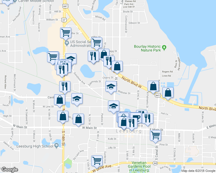 map of restaurants, bars, coffee shops, grocery stores, and more near 1002 Webster Street in Leesburg